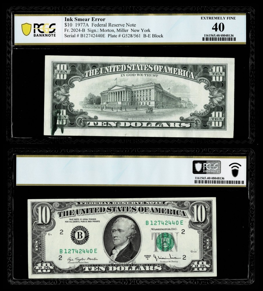 Green Ink Smear on Back Error Fr. 2024-B $10 1977A FR Note. PCGS EF 40