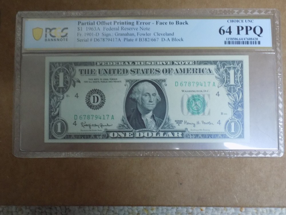 1963A $1 FRN -Medium dark OFFSET ERROR- PCGS BANKNOTE CHOICE UNC 64