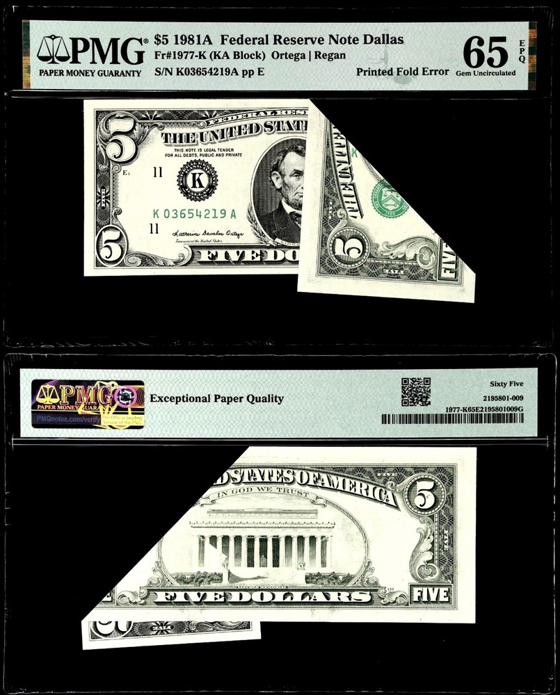 PRINTED FOLD ERROR $5 1981-A FR NOTE DALLAS FR.#1977-K PMG GEM UNC 65 EPQ