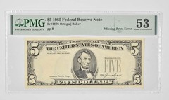 $5 1985 FRN – PMG – 53 About UNC Fr# 1978 – Missing Print Error *0907
