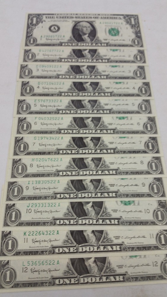 1963 $1.00 GEM UNCIRCULATED FEDERAL RESERVE NOTE COMPLETE BANK SET ENDING « 22 »