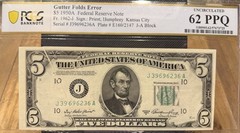 1950A $5 Federal Reserve Gutter Fold ERROR NOTE PCGS 62 PPQ J39696236A J-A Block