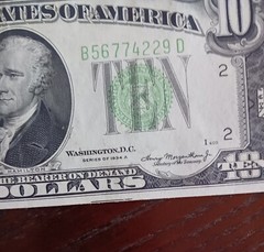 1934 A 10 Dollar Bill, Error note, See pics n description