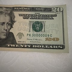Series 2017 A $20 “6-In-A-Row 0’s” S/N PK 30000009 C Uncirculated Banknote