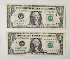 $1 Dollar Bill 1999 Federal Reserve Note double « 5 » Ink Error w correct one also