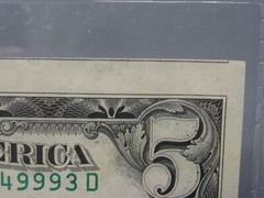 ERROR Note: 1974 $5 FRN Note. 2nd Print Shift Off-Center Error.