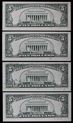 Four consecutive INKING ERRORS $5 1993 Gem CU B78835448-51A five dollar, NY B2