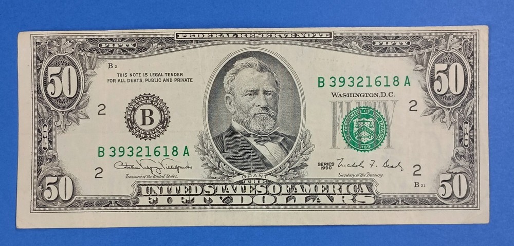 B39321618A $50 1990 Small Head Note Misaligned Misprint Error Fifty Dollar Bill