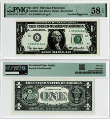 RARE 1977 $1 Federal Reserve Note FRANCISCO~ Doubled Print Error ~ PMG AU58 EPQ