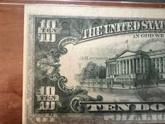 1969 $10 F R Note Philadelphia PMG 58 EPQ Matte Offset Front to Back Error