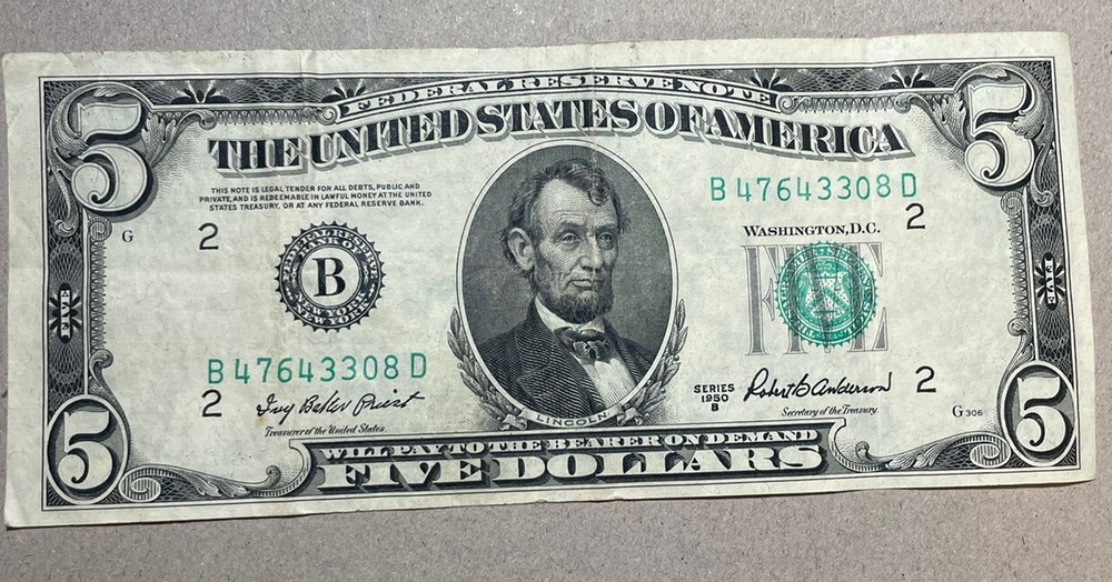 OFFSET TRANSFER $5 1950 B47643308D RARE ERROR $5 Bill