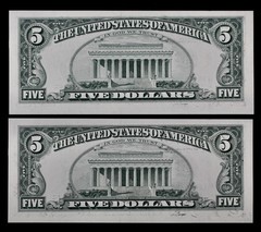Four consecutive INKING ERRORS $5 1993 Gem CU B78835448-51A five dollar, NY B2