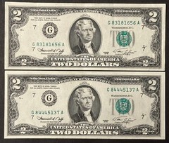 (2) 1976 Bicentennial $2 Bills, Misalignment of 3rd Overprint – Uncirculated