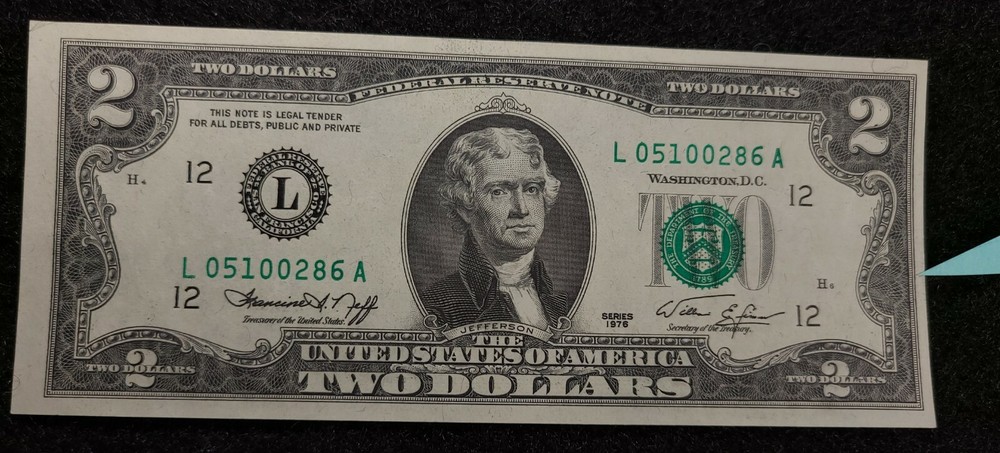 1976 $1 Error note, cut, shift & over-inking, Crisp unc, BP#1 Low #, L note 0286