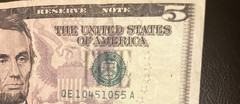 2021 Insufficient Ink Error $5 Dollar Green Serial No. Federal Reserve Note