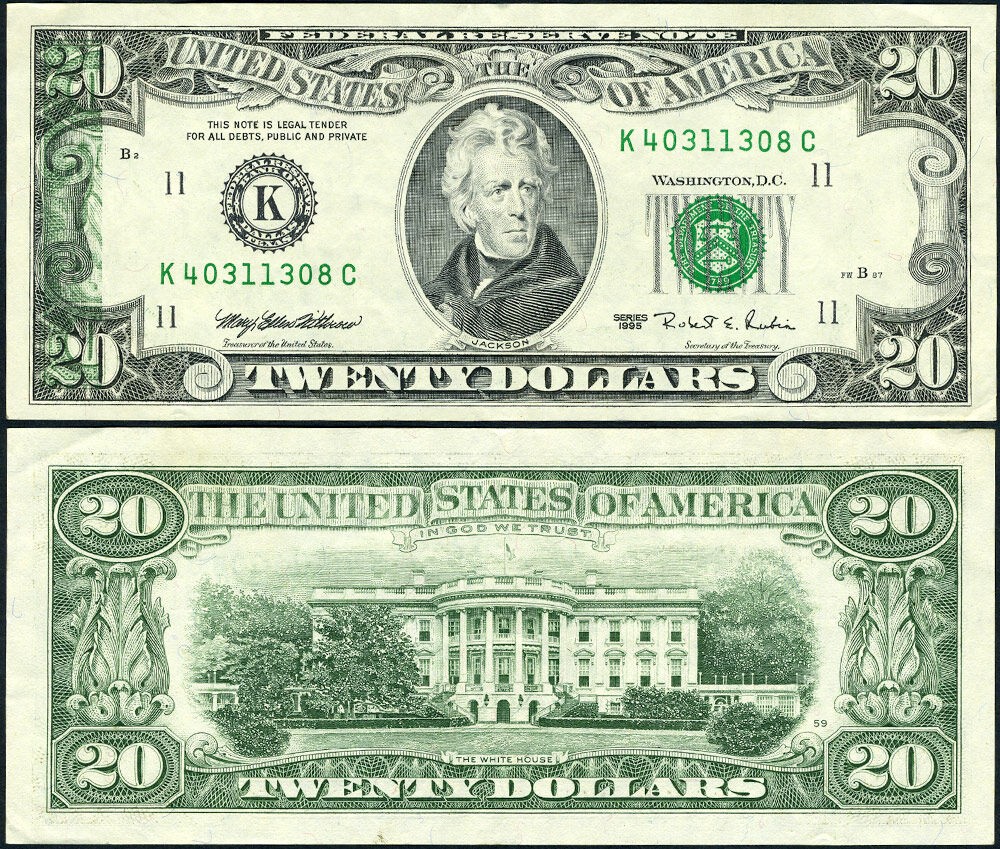 FR. 2082 K $20 1995 Federal Reserve Note ERROR Partial Offset XF+