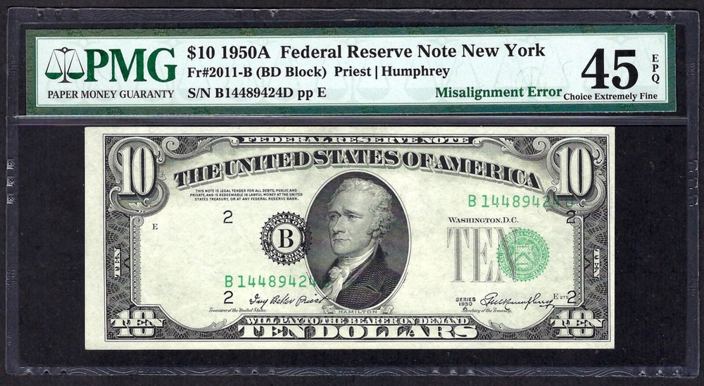 🇺🇸 1950A $10 ERROR ♚♚OVERPRINTS MISALIGNED♚♚ PMG CH EX FINE 45 EPQ