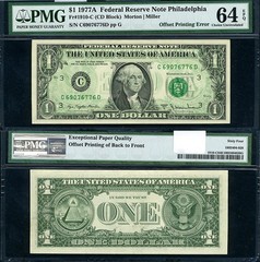 FR. 1910 C $1 1977-A Federal Reserve ERROR 100% Offset Printing PMG CH CU64 EPQ