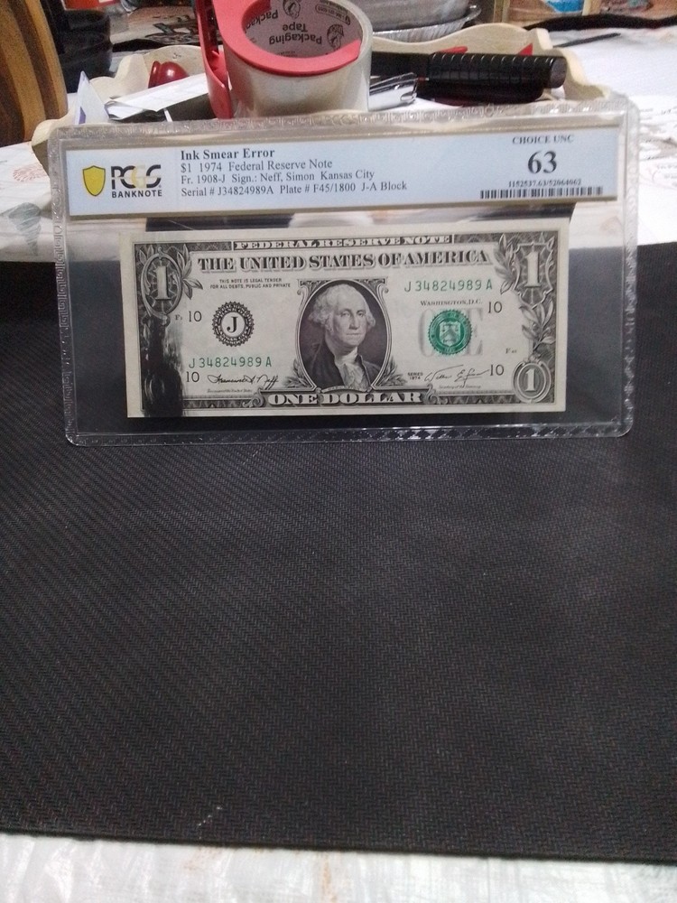 $1 1974 Ink Smeared Error Note, PCGS 63 CHOICE UNC FR-1908-J