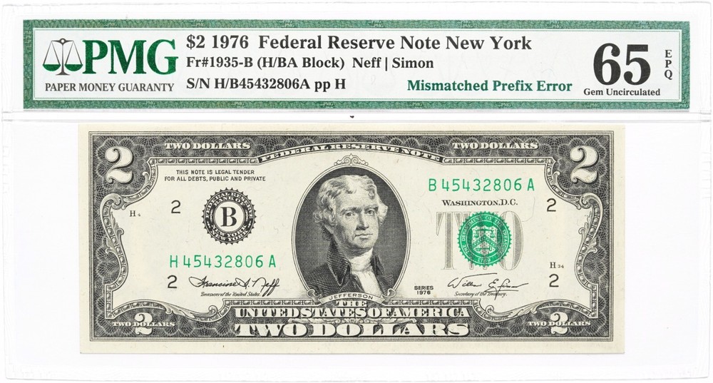 1976 Series $2 Federal Reserve Note Mismatched Prefix Error PMG GEM-65 EPQ