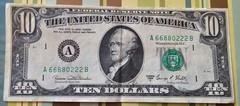 $10 bill 1969c off center front and back with seal misalignment error
