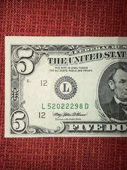 $5 Bill Series 1995 Vintage L52022298D Fancy Quad 2s Serial Note Error Miscut