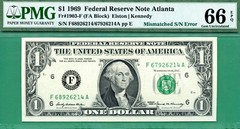 ERROR MISMATCHED SERIAL – 1969 $1 FRN – PMG GEM 66 EPQ – MISMATCH SERIAL ERROR