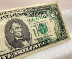 1977 Five Dollar Bill Note Partial Back-to-Face Offset Error- Back Side On Front