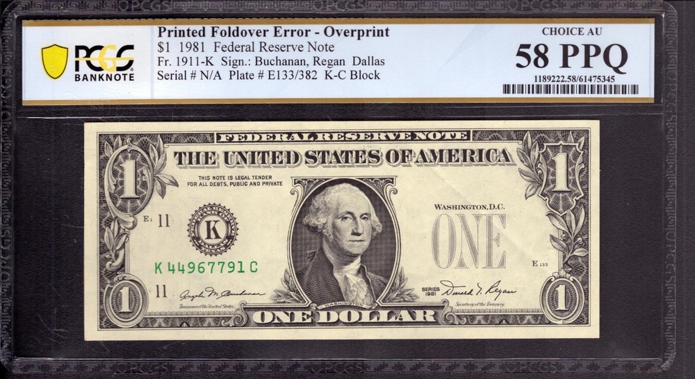 1981 $1 FRN DALLAS PRINTED FOLDOVER ERROR NOTE PCGS B CHOICE AU 58 PPQ