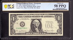 1981 $1 FRN DALLAS PRINTED FOLDOVER ERROR NOTE PCGS B CHOICE AU 58 PPQ