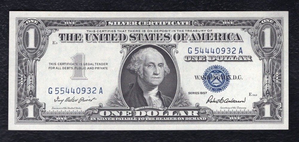 FR. 1619 1957 $1 SILVER CERTIFICATE “MISMATCHED SERIAL # ERROR 55/54” GEM UNC