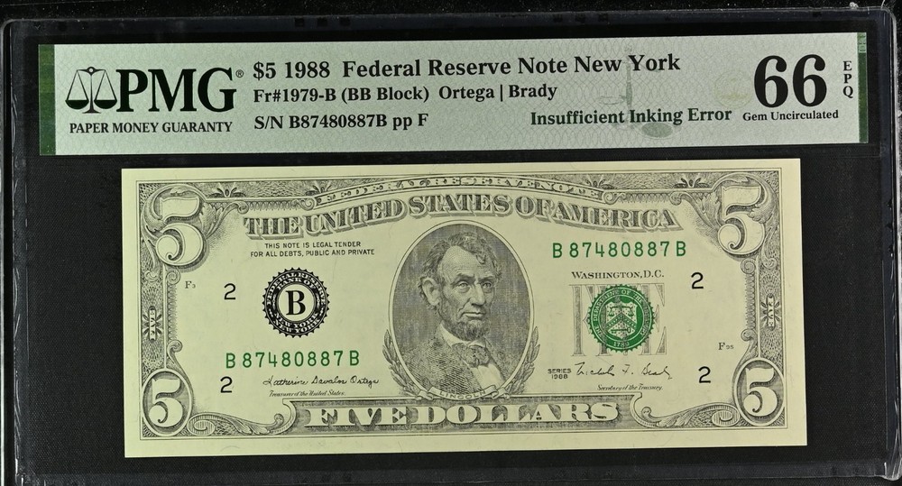 « Insufficient Inking Error » (full face) 1988 $5 FRN, Fr#1979-B, Gem Unc 66 EPQ;