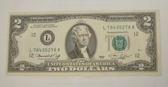 1976 $2 BILL INSUFFICIENT INKING OF SERIAL SINGLE DIGIT 8