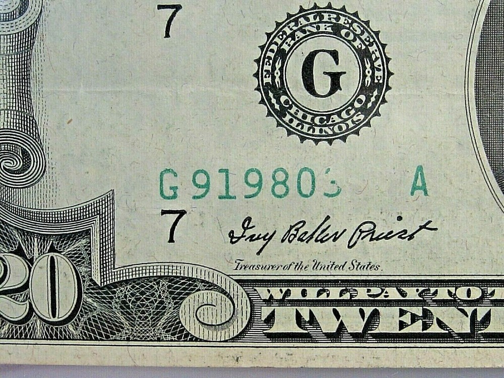 ERROR Note:1950-A $20 FRN w/ Missing Serial Numbers – Print over Foreign Object.