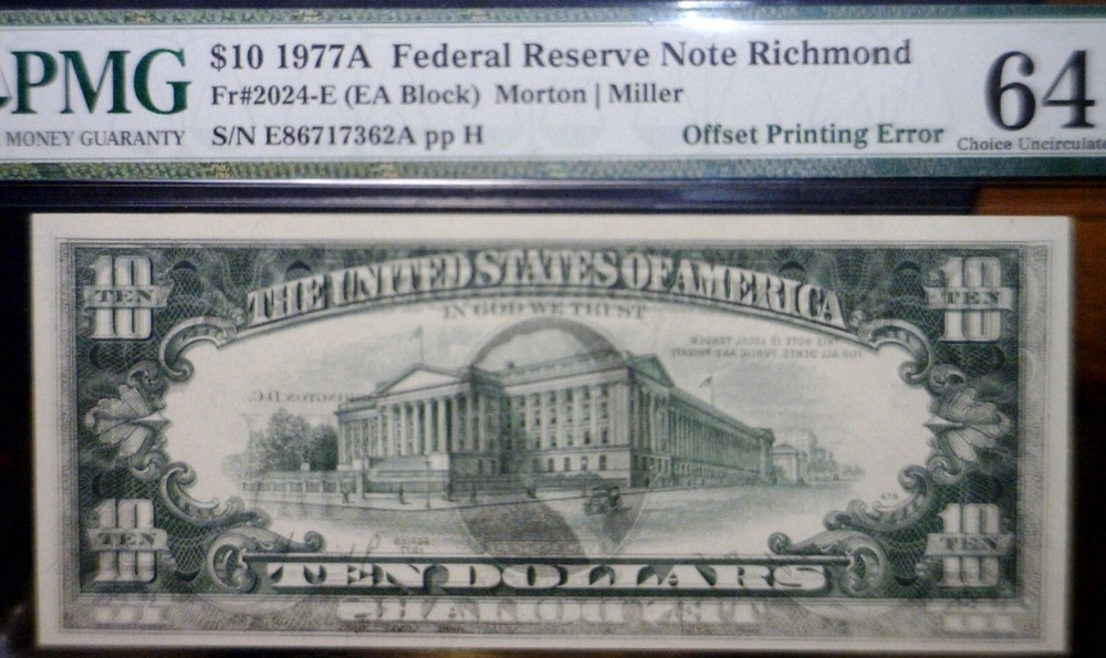 1977A ERROR PMG MS64 Off Set Front /Back $10 CH CU Federal Reserve Note Currency
