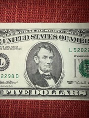 $5 Bill Series 1995 Vintage L52022298D Fancy Quad 2s Serial Note Error Miscut