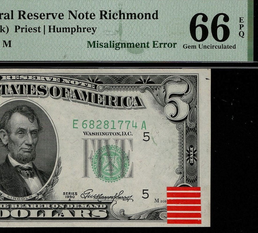 Shifted Third Printing Error Fr. 1962-E $5 1950A Rejection Sticker PMG 66 EPQ