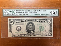 Error Note 1934 D $5 Federal Reserve Note New York printing error Unique