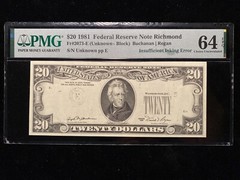 1981 Insufficient Inking Error $20 Note PMG Uncirculated CU64 Missing Print Bill