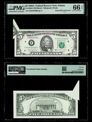 BUTTERFLY FOLD ERROR $5 1988-A FR NOTE FR.#1980-F ATLANTA , PMG GEM UNC 66 EPQ