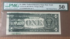 1988 $1 Federal Reserve Note PMG 50 Ink Smear Error New York Fr.1914-B Certified