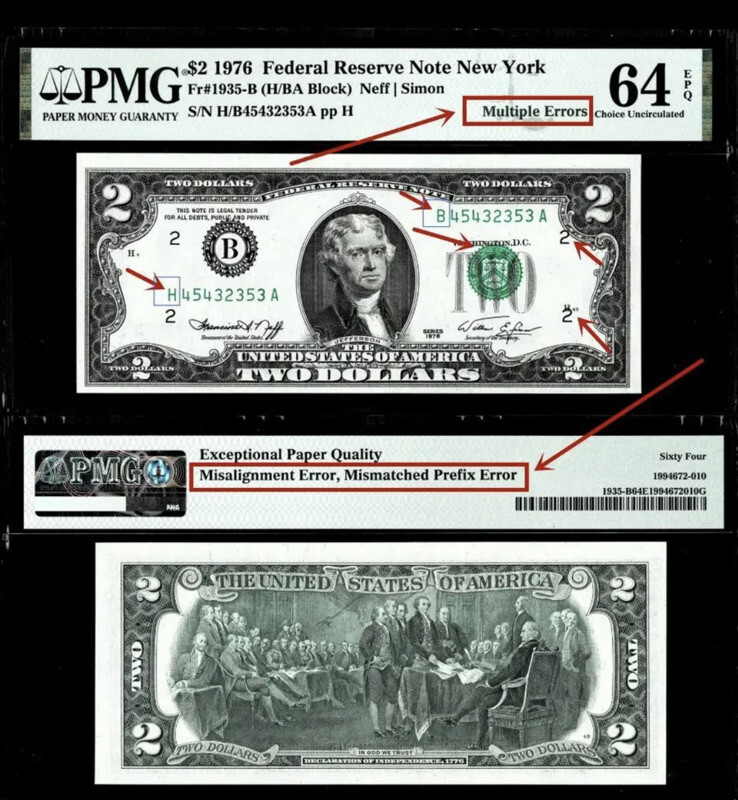 Mismatch Multiple Lot Error Fr. 1935-B $2 1976 FRN~(H/ BA BLOCK) PMG 64 EPQ