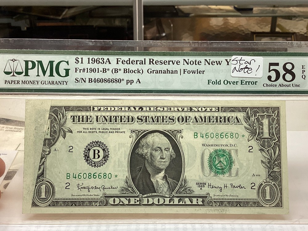 $1 1963A Star Note * PMG 58 EPQ Fold over Error Fr#1901-B*