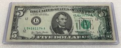 1977 Five Dollar Bill Note Partial Back-to-Face Offset Error- Back Side On Front
