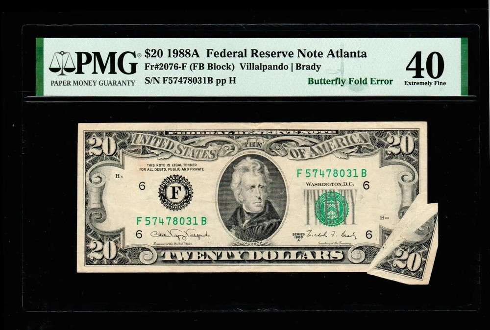 1988-A $20 Butterfly Fold Error PMG EF 40